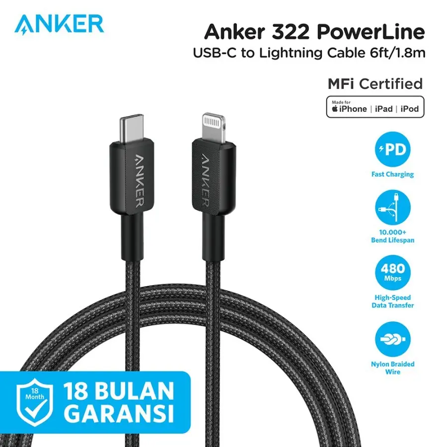Data Cable Charger Anker 322 USB-C to Lightning Cable (6ft Braided) - Black - A81B6