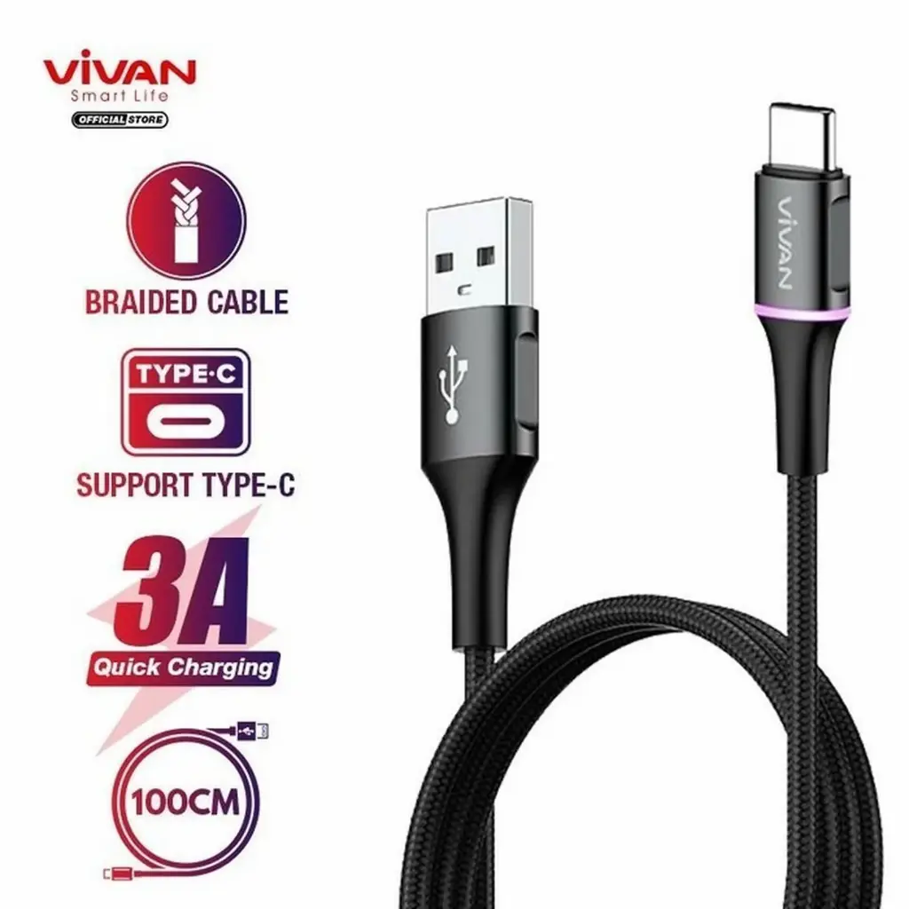 Data Cable VIVAN VDC100 TYPE-C Fast Charging Cable USB TYPE-C to USB-A