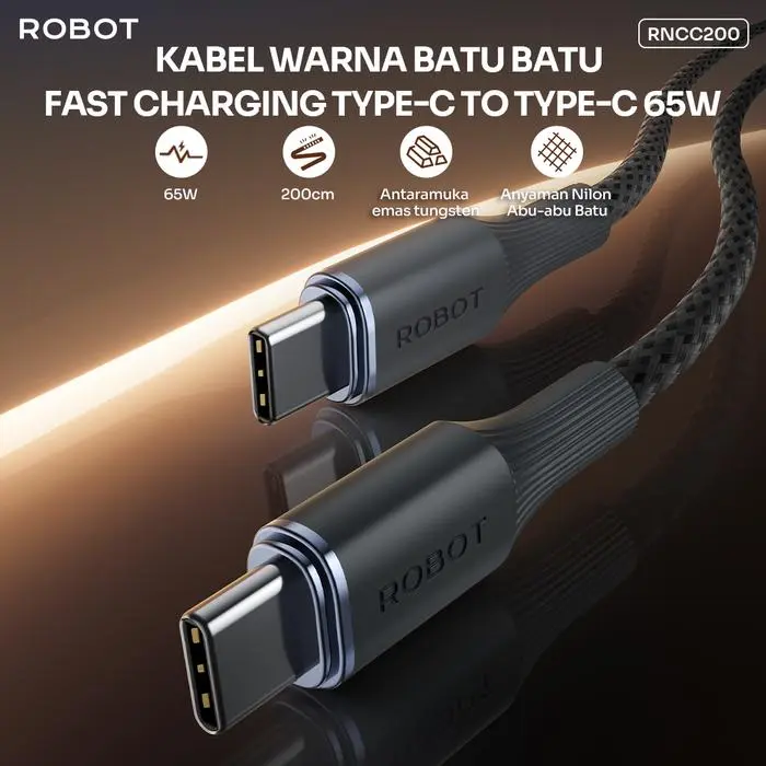 Data Cable Charger ROBOT RNCC200 Type-C To Type-C 3A 65W 200CM