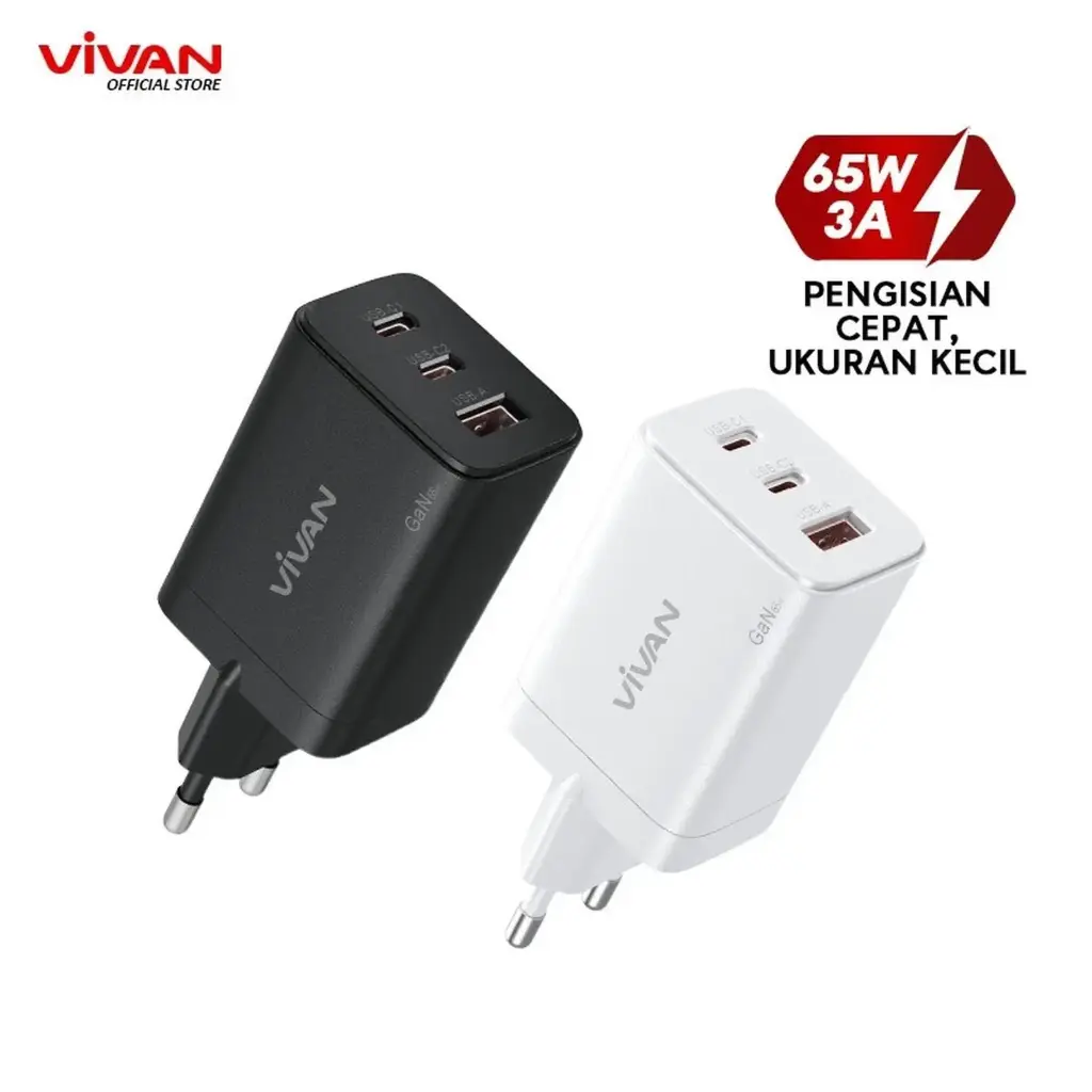 Charger VIVAN Power C65 GaN 65W Fast Charging PD QC 4.0 Travel Size 3 Port