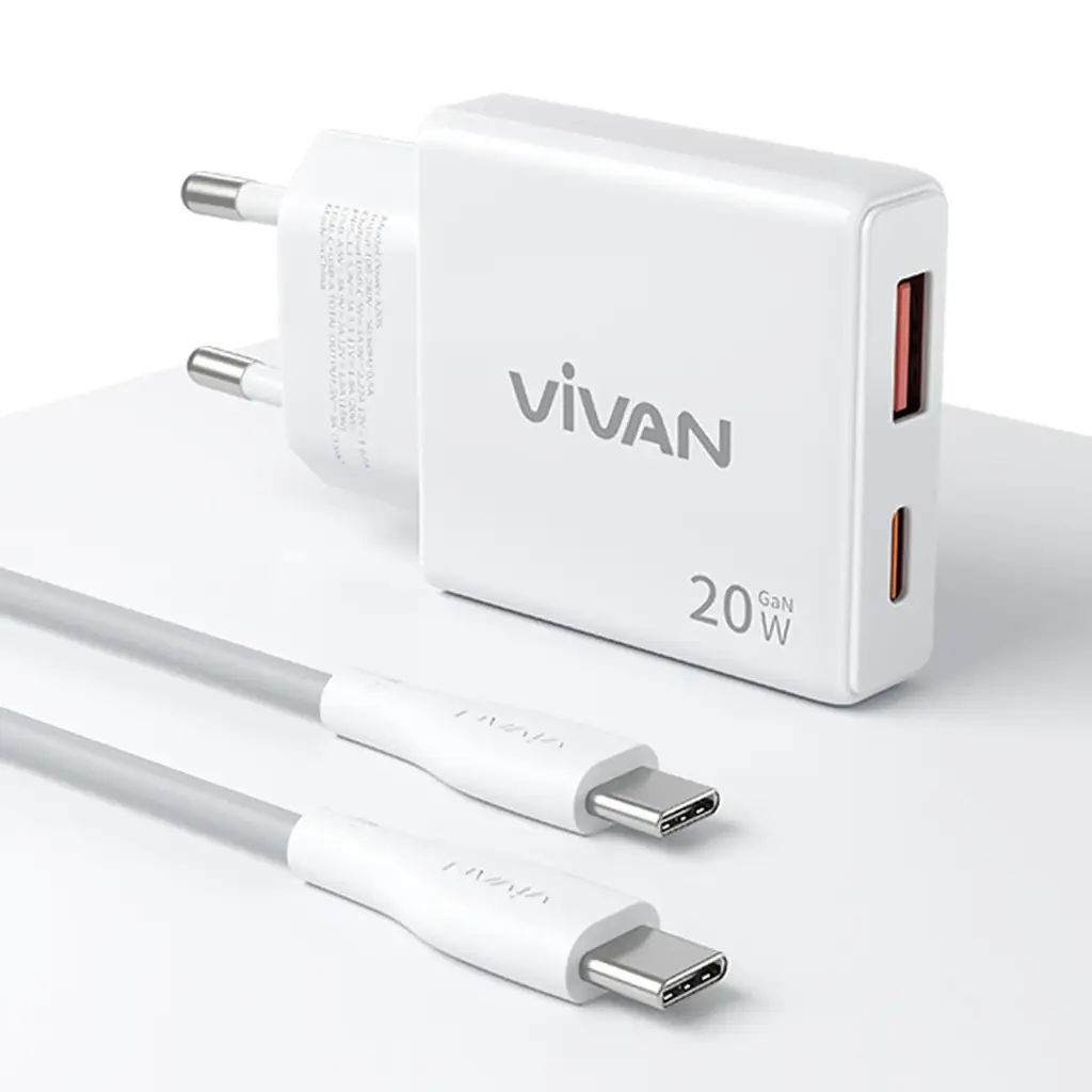 Charger Vivan Power X20S Slim Dual USB-C USB-A GaN Charger 20W PD QC3.0 + Cable USB-C to USB-C