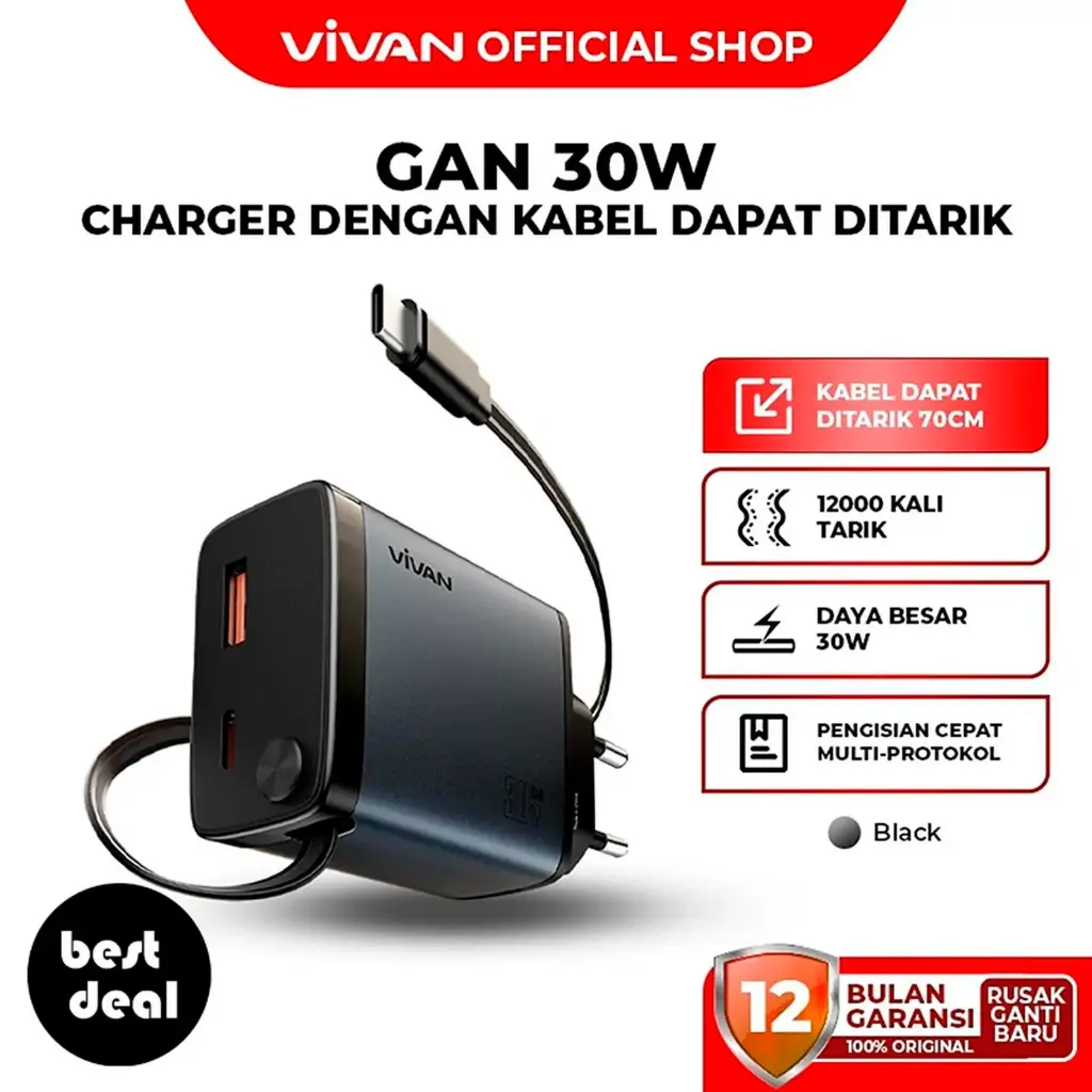 Charger VIVAN Super 5S GaN 30W USB-A + USB-C + Kabel Retractable Cable 70CM Fast Charging Multi-Device