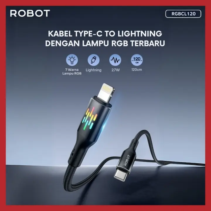 Data Cable Robot RGBCL120 Fast Charging 65W 100-120cm Type C to Lightning RGB