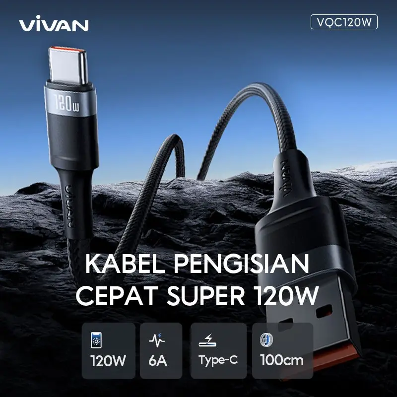 Data Cable VIVAN VQC120W USB Type C Fast Charging 6A 120W (100cm)