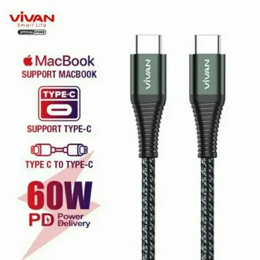Data Cable Charger Vivan KPD120 Type-C to Type-C 60W PD Qucik Charge Data Cable with Military Kevlar Fiber Black