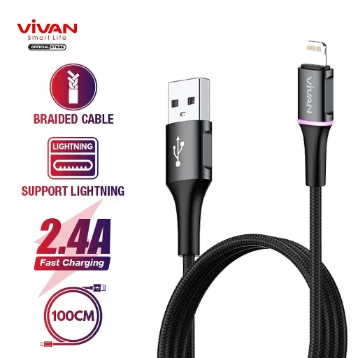 Data Cable VIVAN VDL100 Kabel iPhone Lightning 2.4A LED Light Quick Charge 100CM 