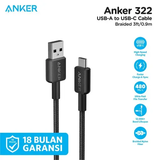 Kabel Charger Anker 322 USB-A to USB-C Cable (3ft Braided) - A81H5