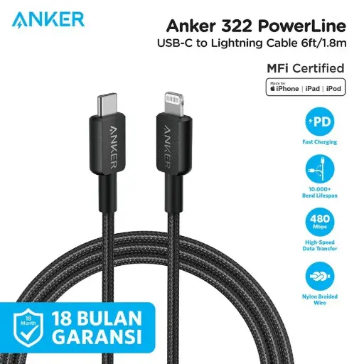 [A81B6H11] Data Cable Charger Anker 322 USB-C to Lightning Cable (6ft Braided) - Black - A81B6