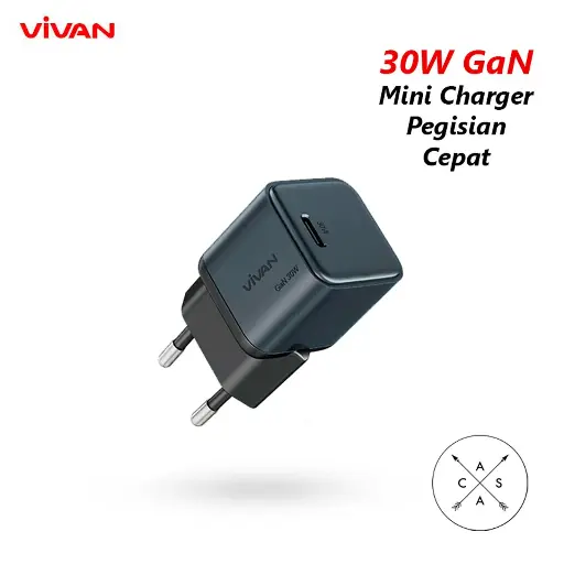 Charger Vivan GaN09 Silvery 30W Fast Charging GaN Mini Charger 3A USB-C Output PD QC3.0 Quick Charge